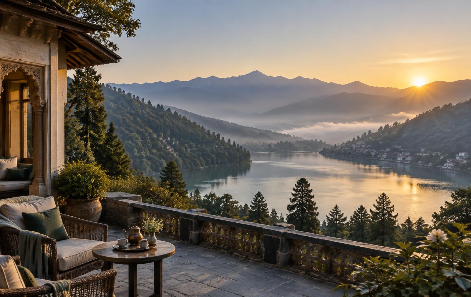 A quiet terrace overlooking Nainital at sunrise